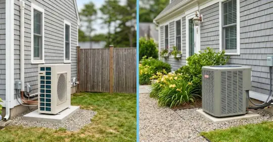 A side-by-side photo of an outdoor heat pump unit and a traditional central AC condenser next to a home